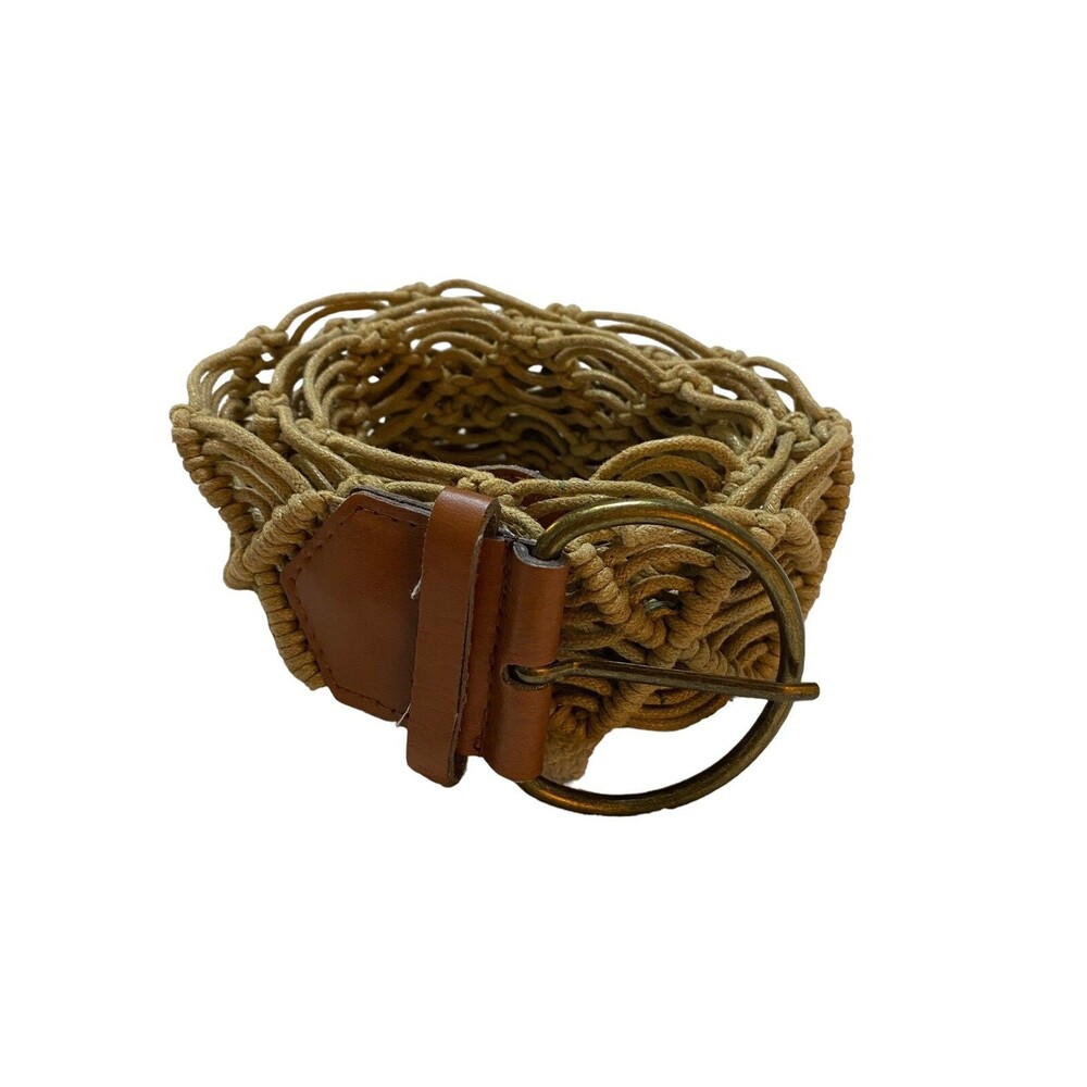 Tan Macrame Woven Cord Belt XL Wide Boho Round Buckle